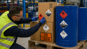 Mitarbeiter kennzeichnet Gefahrgutverpackungen und Fässer mit Gefahrzetteln nach ADR.