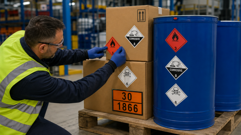 Mitarbeiter kennzeichnet Gefahrgutverpackungen und Fässer mit Gefahrzetteln nach ADR.