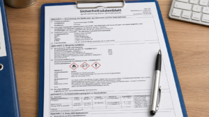 Sicherheitsdatenblatt für einen Gefahrstoff mit GHS-Gefahrensymbolen und Angaben zu Gefahren und Schutzmaßnahmen