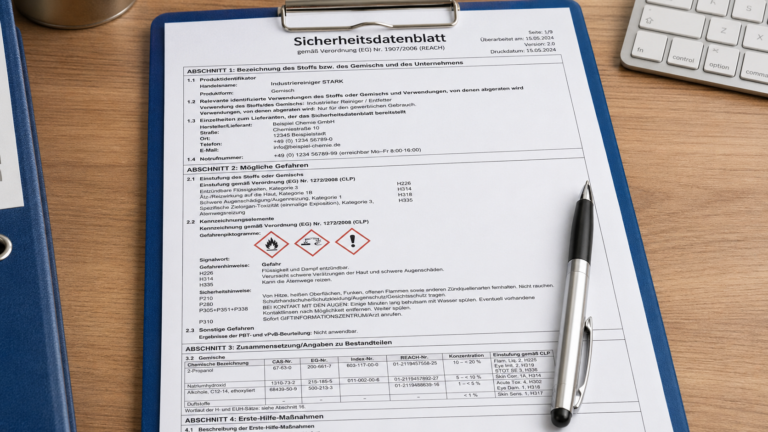 Sicherheitsdatenblatt für einen Gefahrstoff mit GHS-Gefahrensymbolen und Angaben zu Gefahren und Schutzmaßnahmen